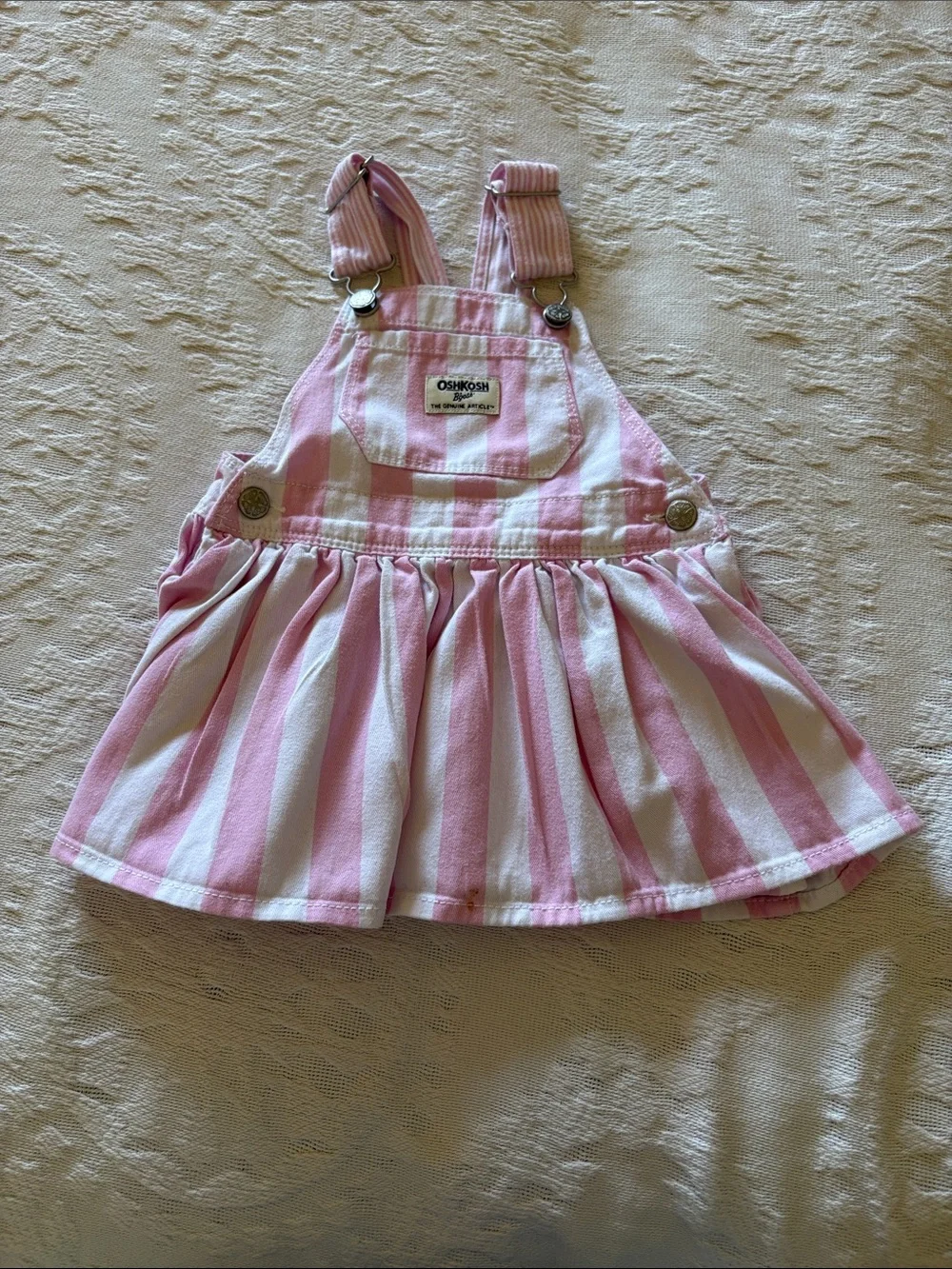 OshKosh B'gosh Pink and White Striped Skirted Overalls EUC 18M